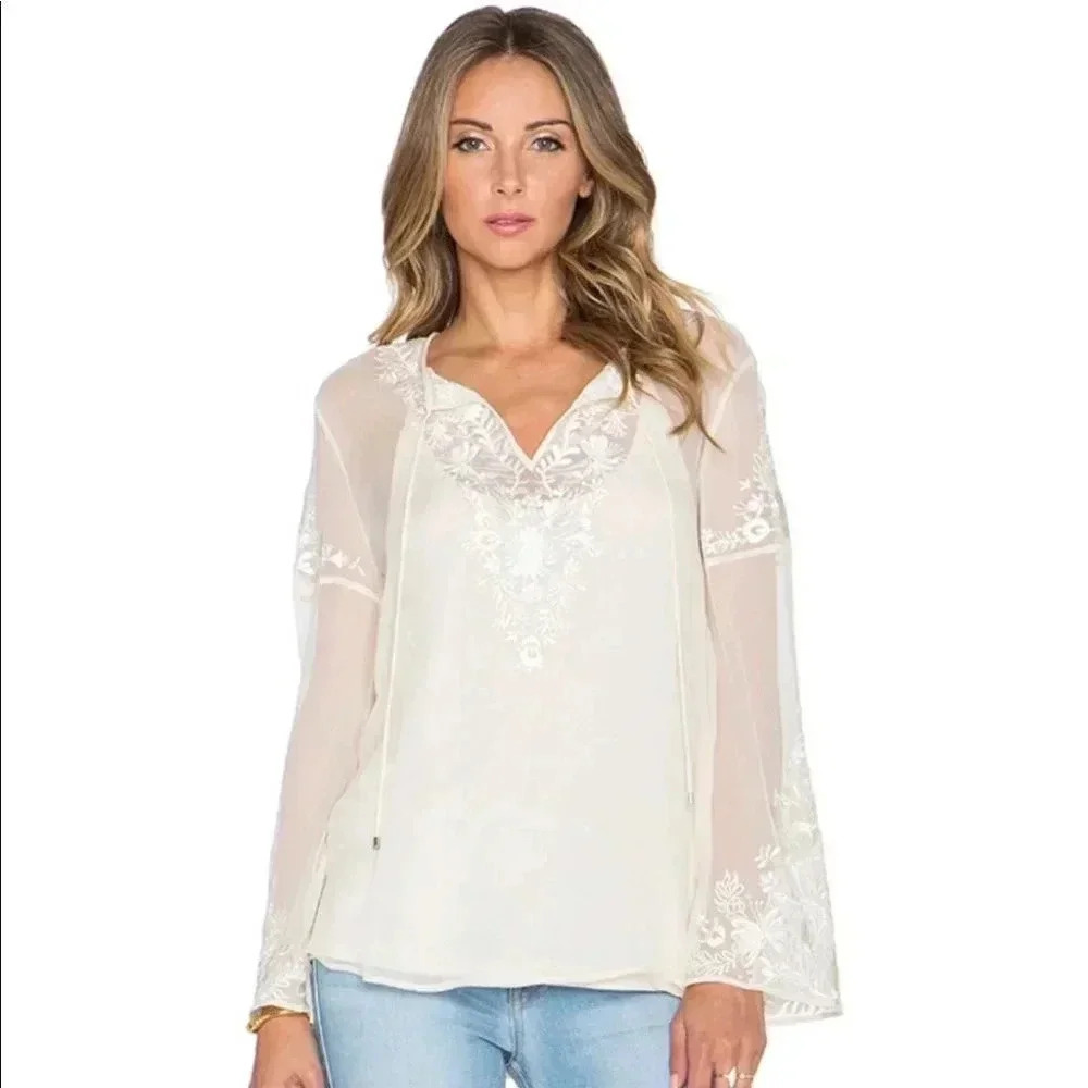 Haute Hippie Floral Peasant Blouse Antique Ivory - Picture 8 of 11